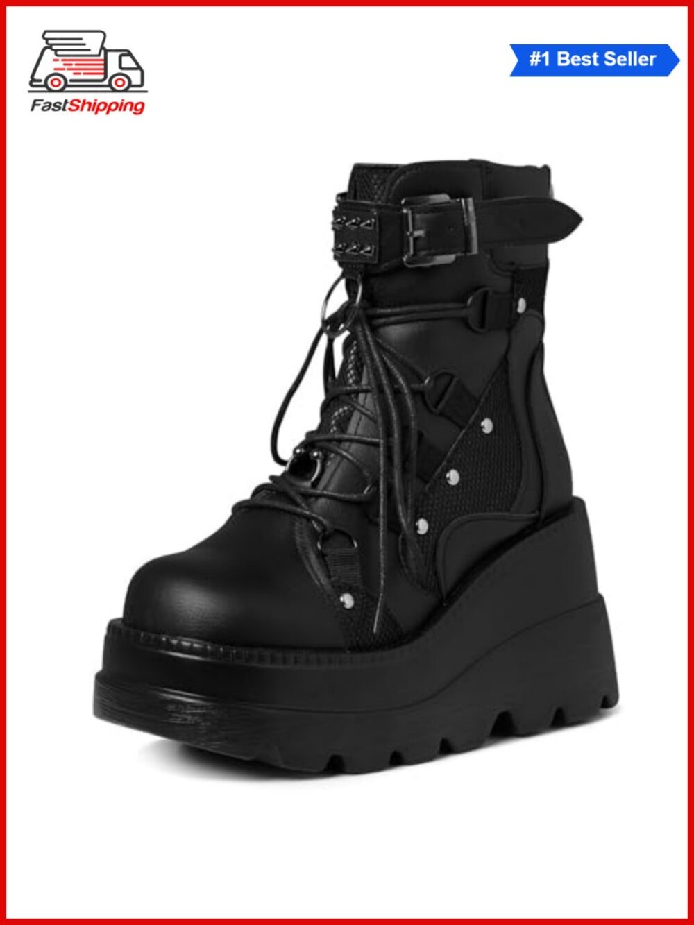 ✨Goth Platform Ankle Boots Chunky Wedge Heel Rave Booties Vegan PU Leather Lace